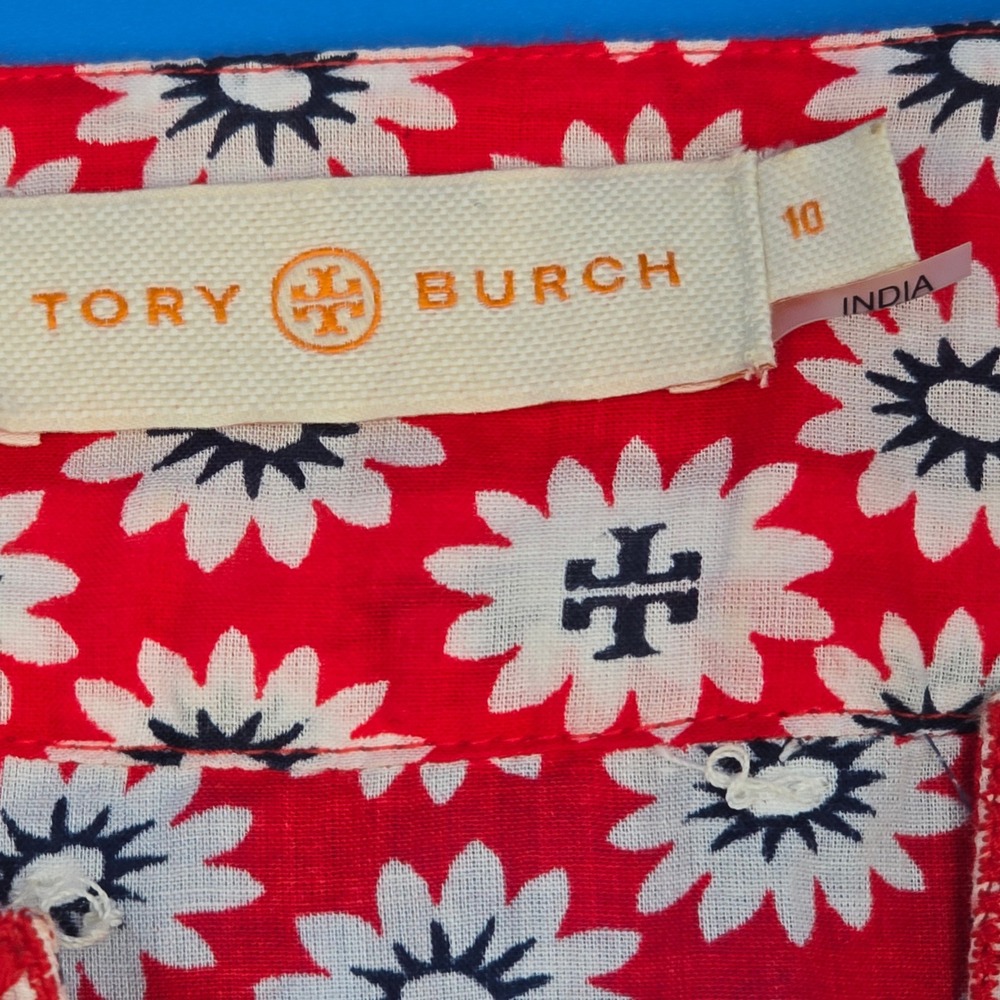 Tory Burch Red White Daisy Floral Embroidered Split Neck Tunic Top Size 10 - Picture 4 of 7
